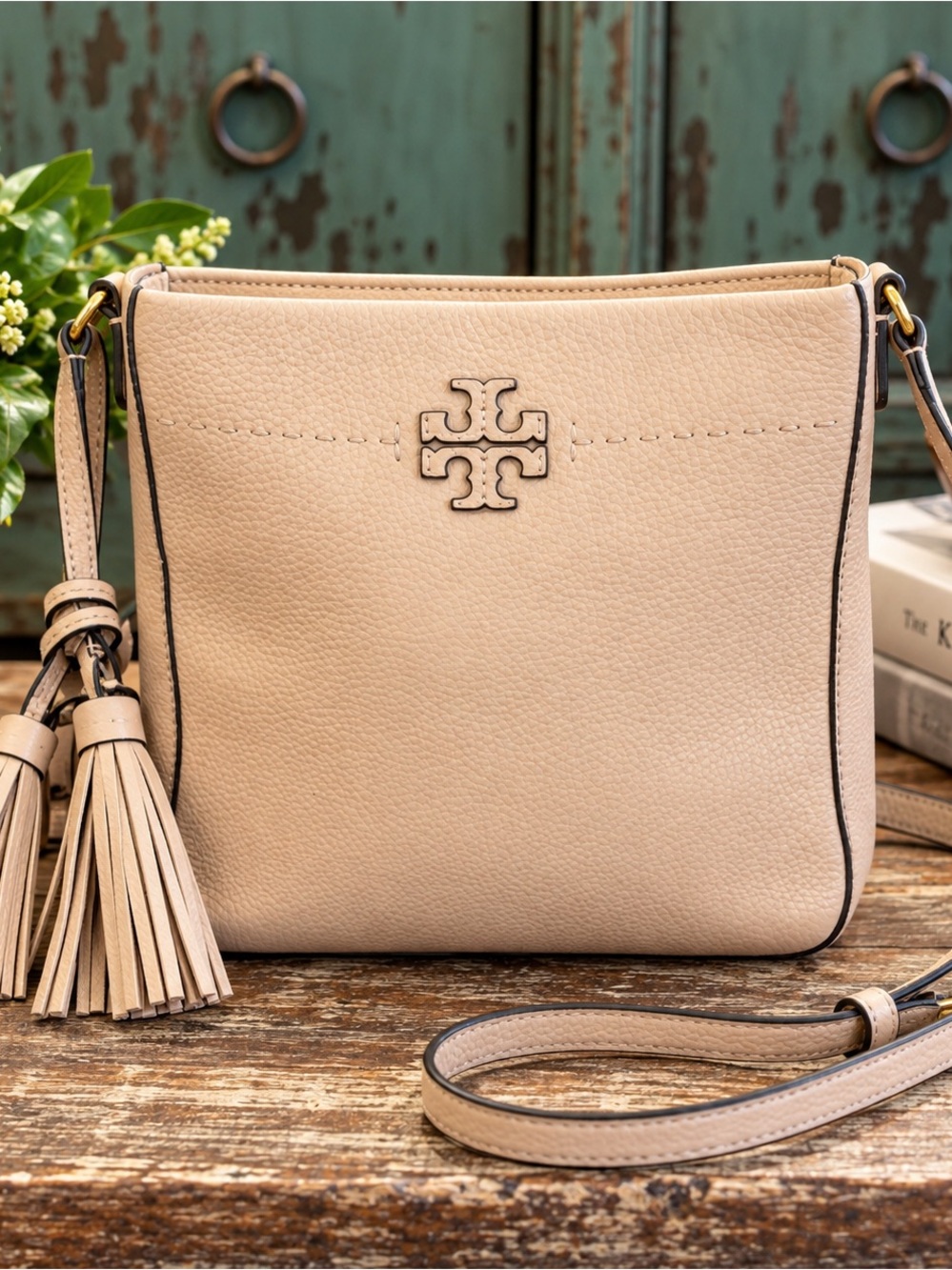 Tory Burch Pebbled Leather Tassel Crossbody Bag Blush Pink